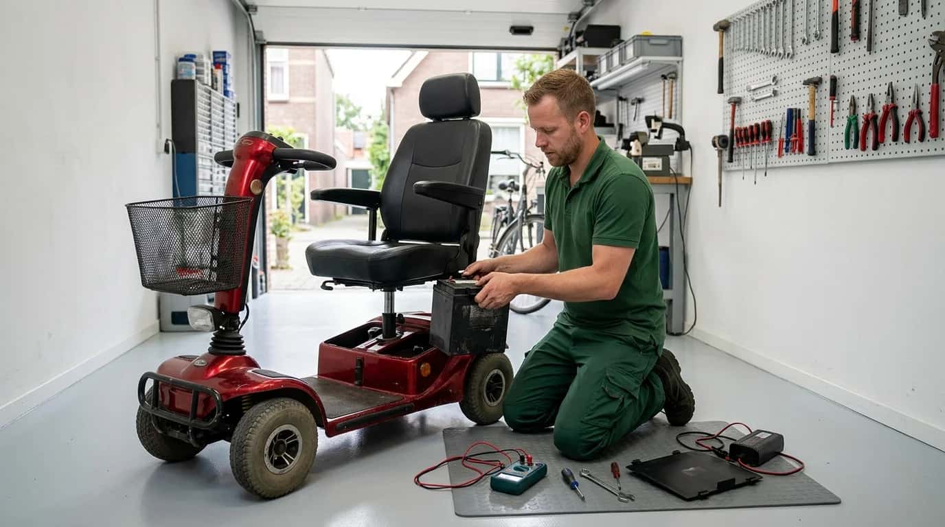 Monteur haalt de accu uit een scootmobiel in de werkplaats